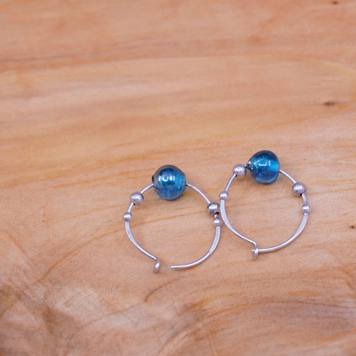 Vintage Sterling silver handmade earrings, 925 hoops with blue glass beads