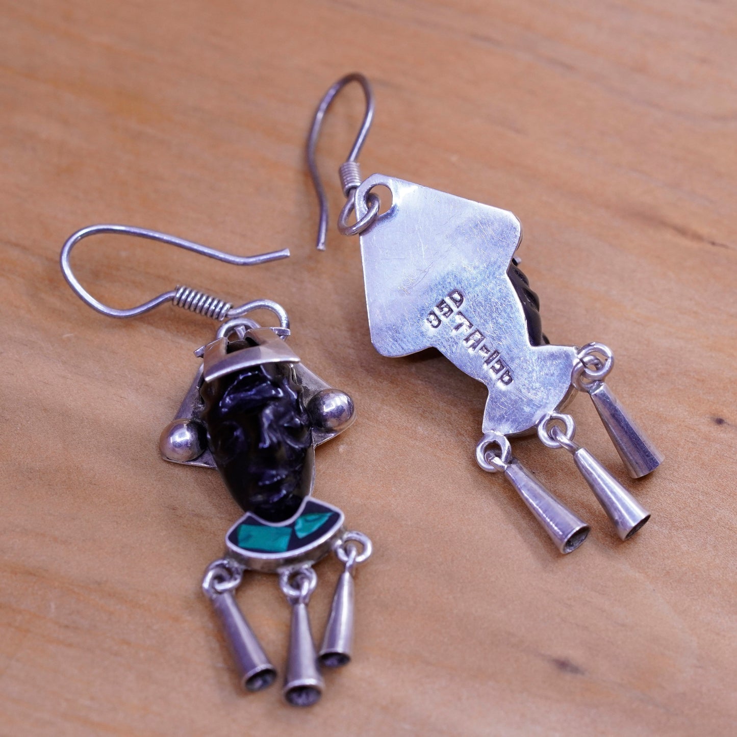 Vintage Sterling 925 silver handmade earrings worrier obsidian teardrop dangles