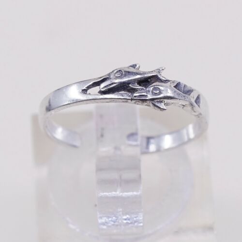 Size 3.75, Vtg Sterling Silver handmade open end Ring. 925 Dolphin Pinky Band