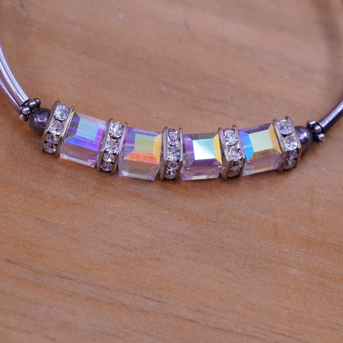 6”, vtg Sterling silver handmade beads bracelet, 925 bar with crystal and cz