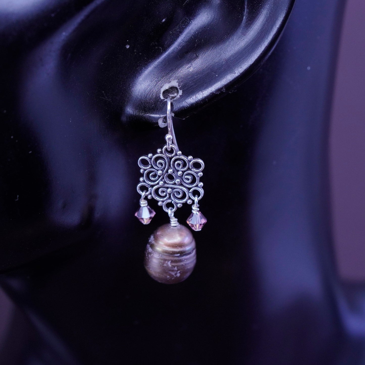 Vintage sterling silver handmade earrings, 925 filigree with purple pearl drops