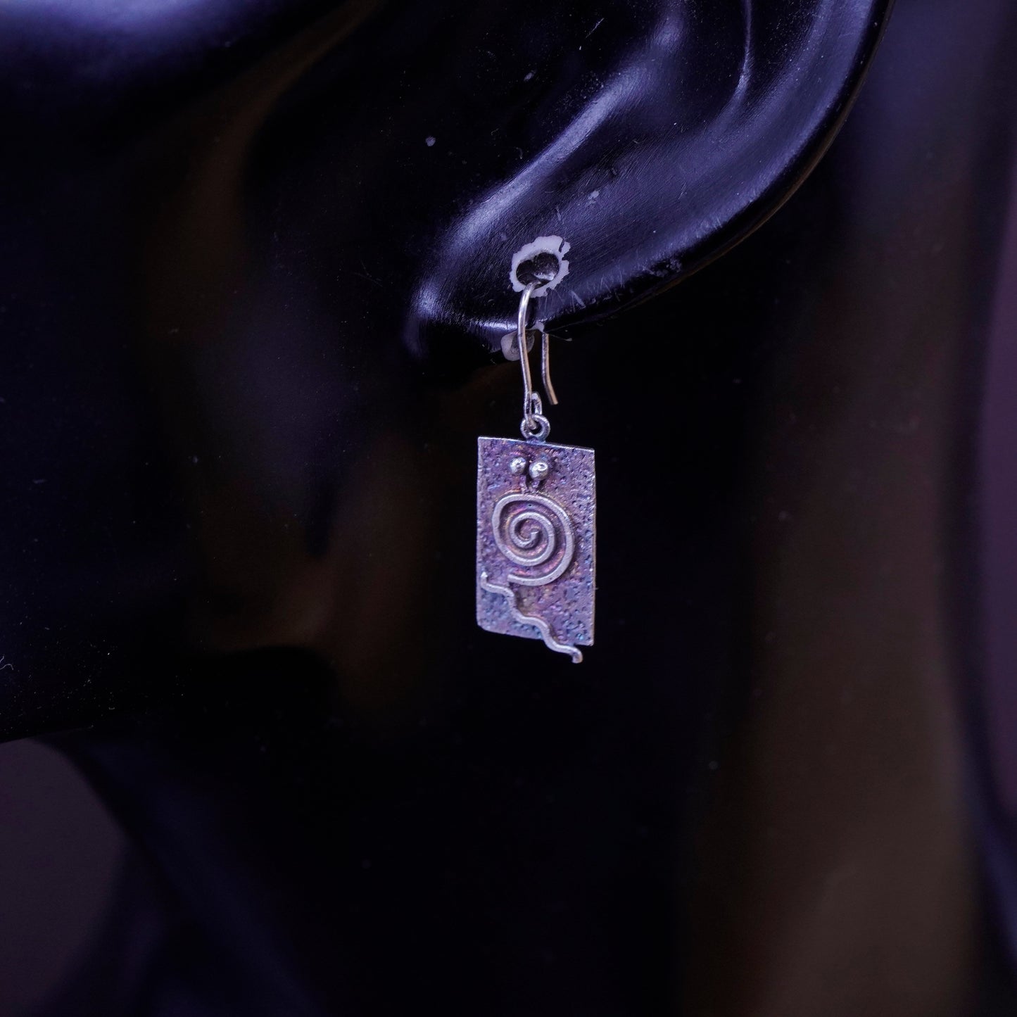 Vintage handmade sterling silver earrings, 925 rectangular dangle swirl relief