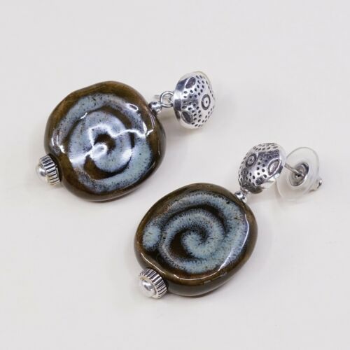 Vtg Modern handmade Sterling 925 Silver Earrings Round Green Swirl Glass