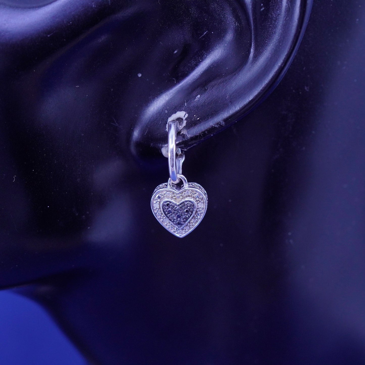 Vintage DLC two tone Sterling silver earrings, 925 hooks with diamond heart