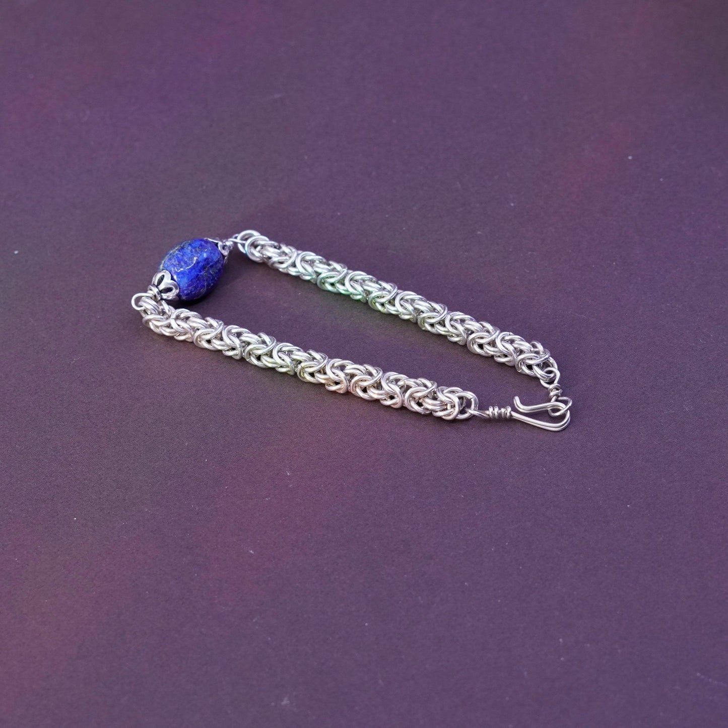 7”, Sterling silver bracelet, Italy 925 Byzantine birdcage chain lapis lazuli