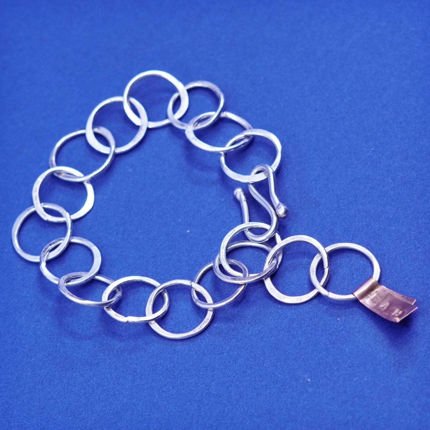 Adjustable”, Sterling silver handmade bracelet, 925 bold flatten circle chain