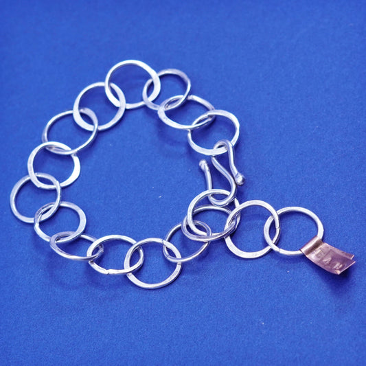 Adjustable”, Sterling silver handmade bracelet, 925 bold flatten circle chain