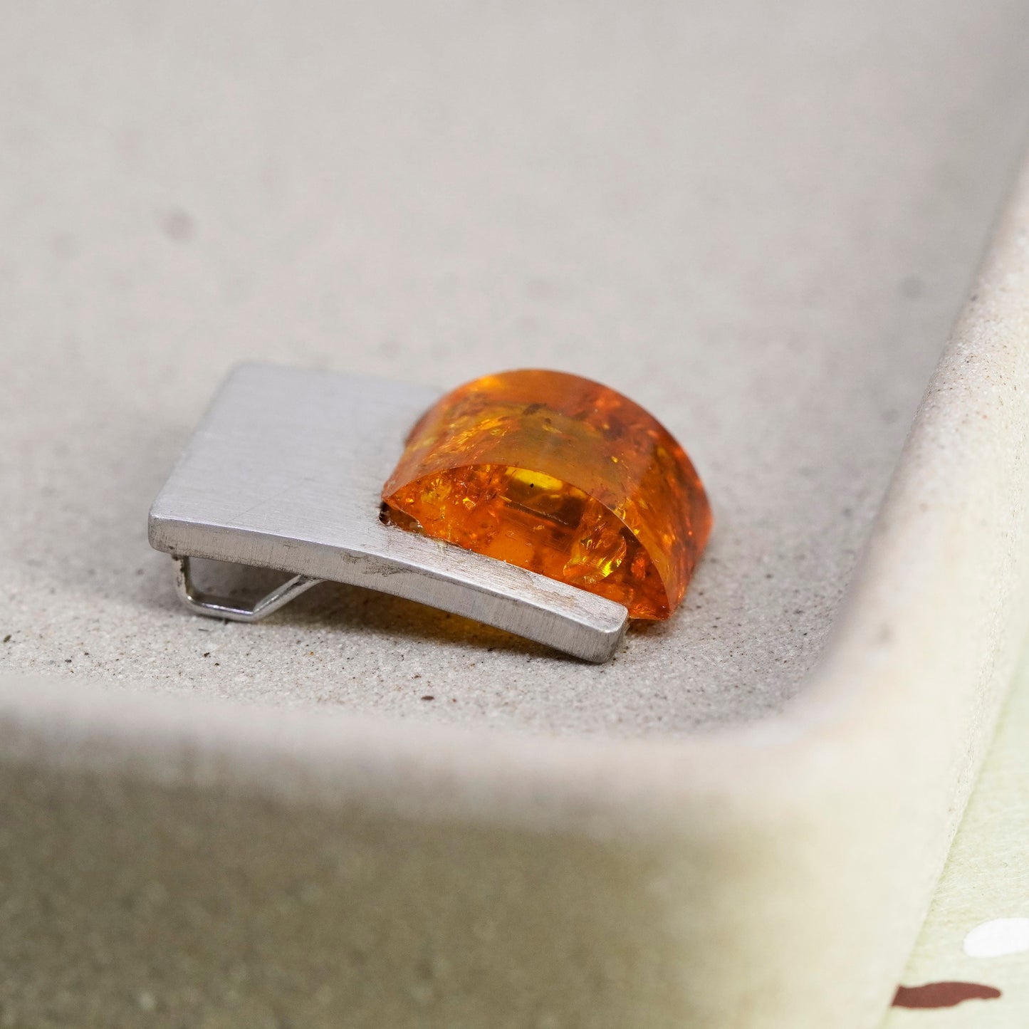 Vintage matte sterling 925 silver handmade modern pendant with amber