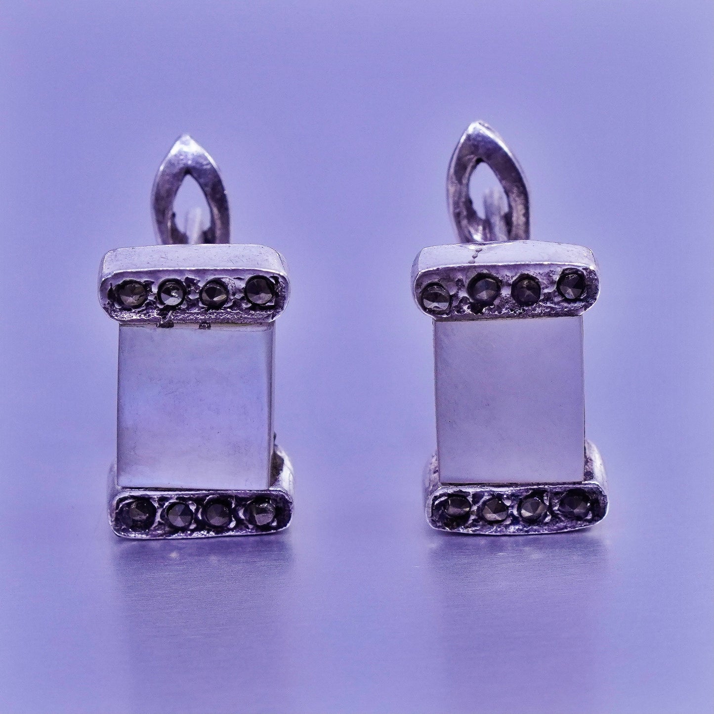 Sterling 925 silver earrings, rectangular studs mother of pearl and marcasite