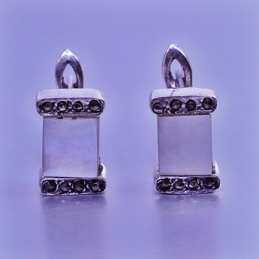 Sterling 925 silver earrings, rectangular studs mother of pearl and marcasite