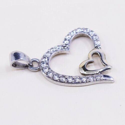Vintage Thailand Sterling 925 Silver Double Heart Pendant W/ Cz Around