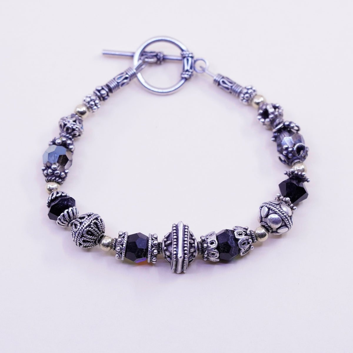 6.75”, vtg Sterling 925 silver handmade Bali bracelet, 14K gold beads crystal