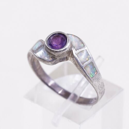 Sz 8.75, Vtg Sterling Silver Ring, 925 Silver Band W/ opal n amethyst