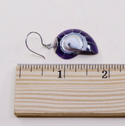 Vtg STERLING 925 SILVER Handmade Purple Shell EARRINGS Dangles, Stamped 925