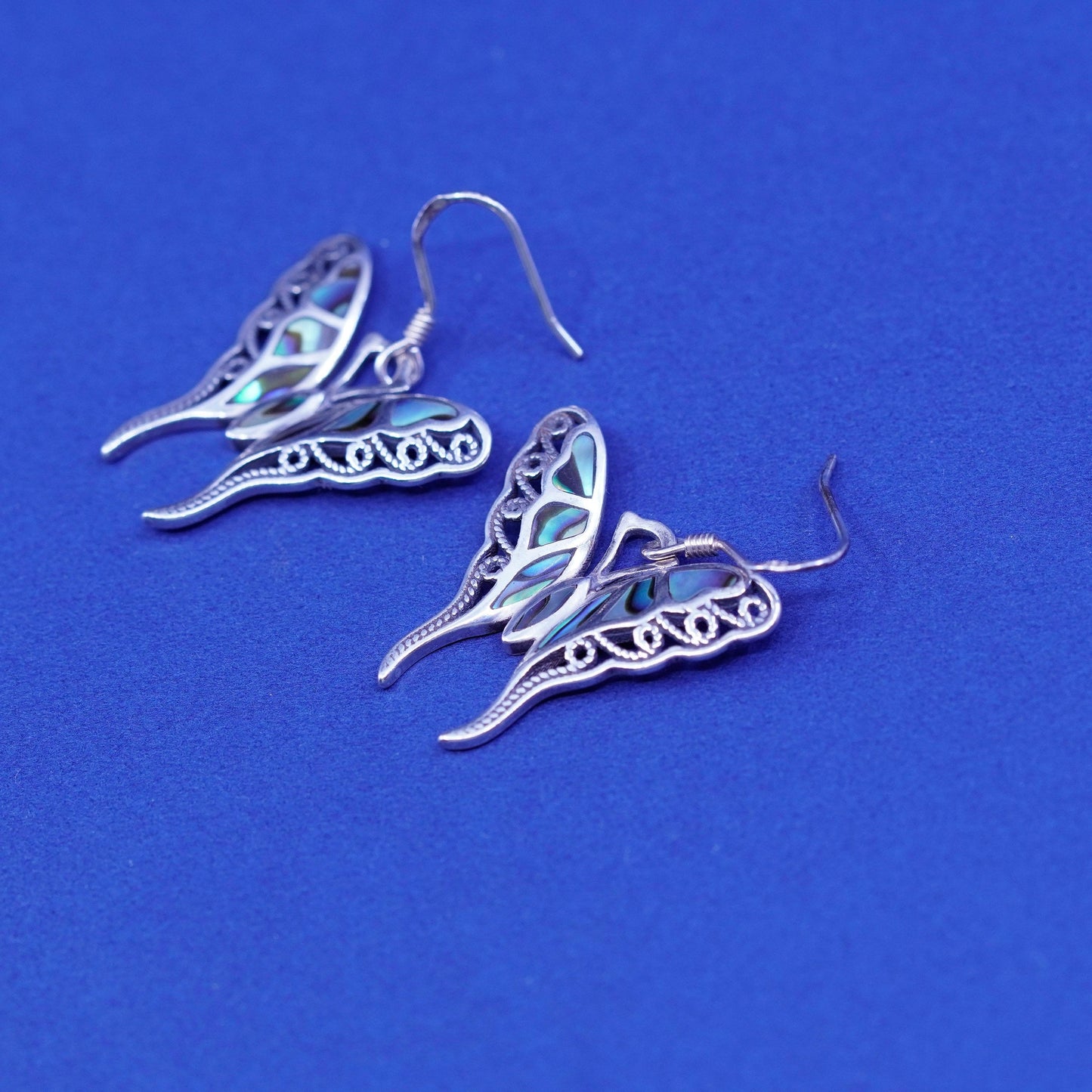 EJI Sterling silver handmade dangles, 925 filigree butterfly earrings abalone