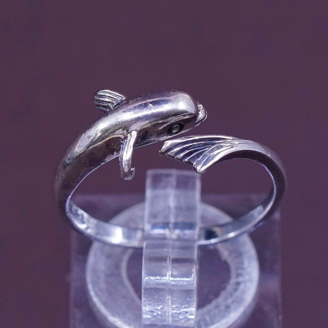 sz 7.5, VTG Sterling silver handmade ring, 925 wrap dolphin band