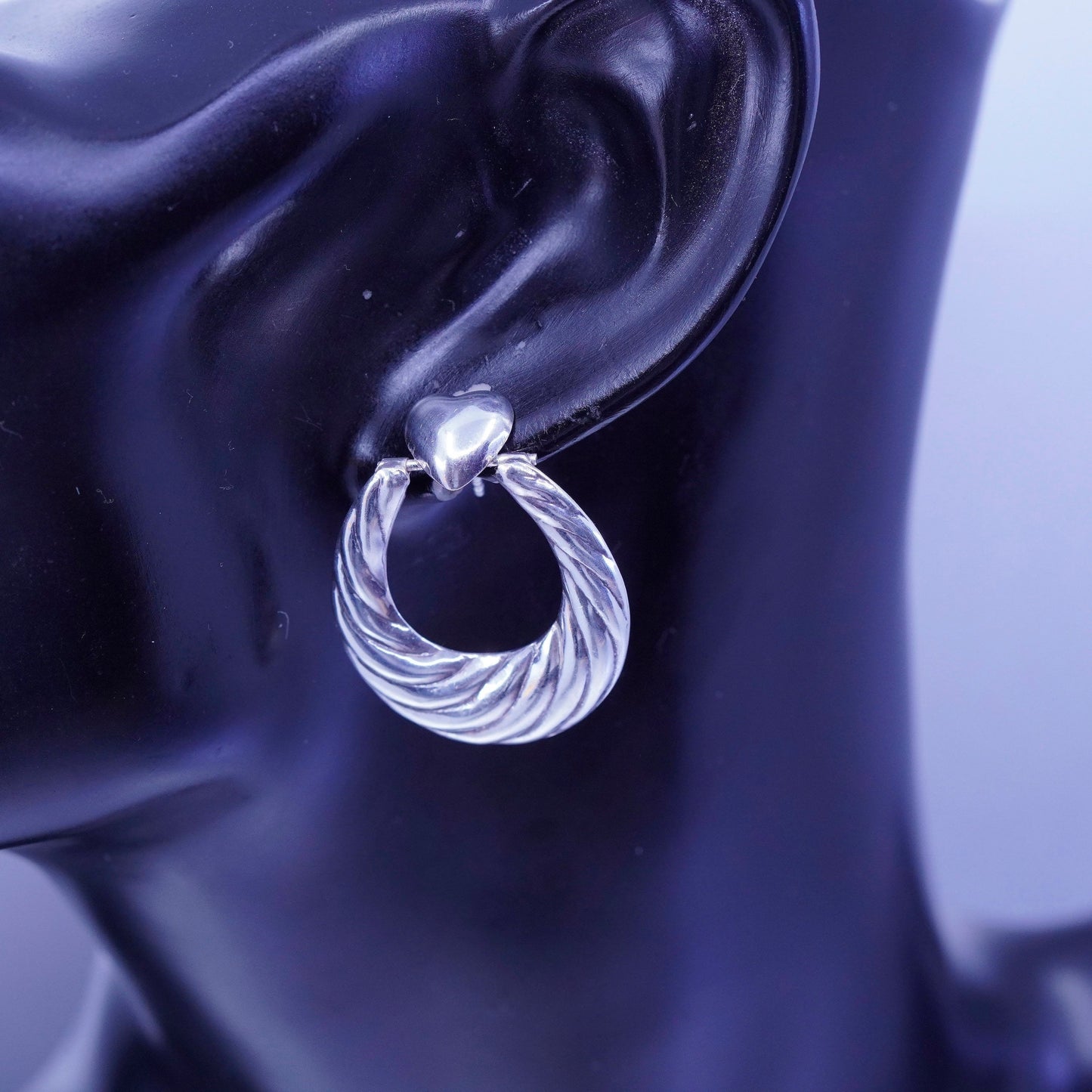 1.25”, vintage Sterling silver handmade earrings, 925 hoops with heart