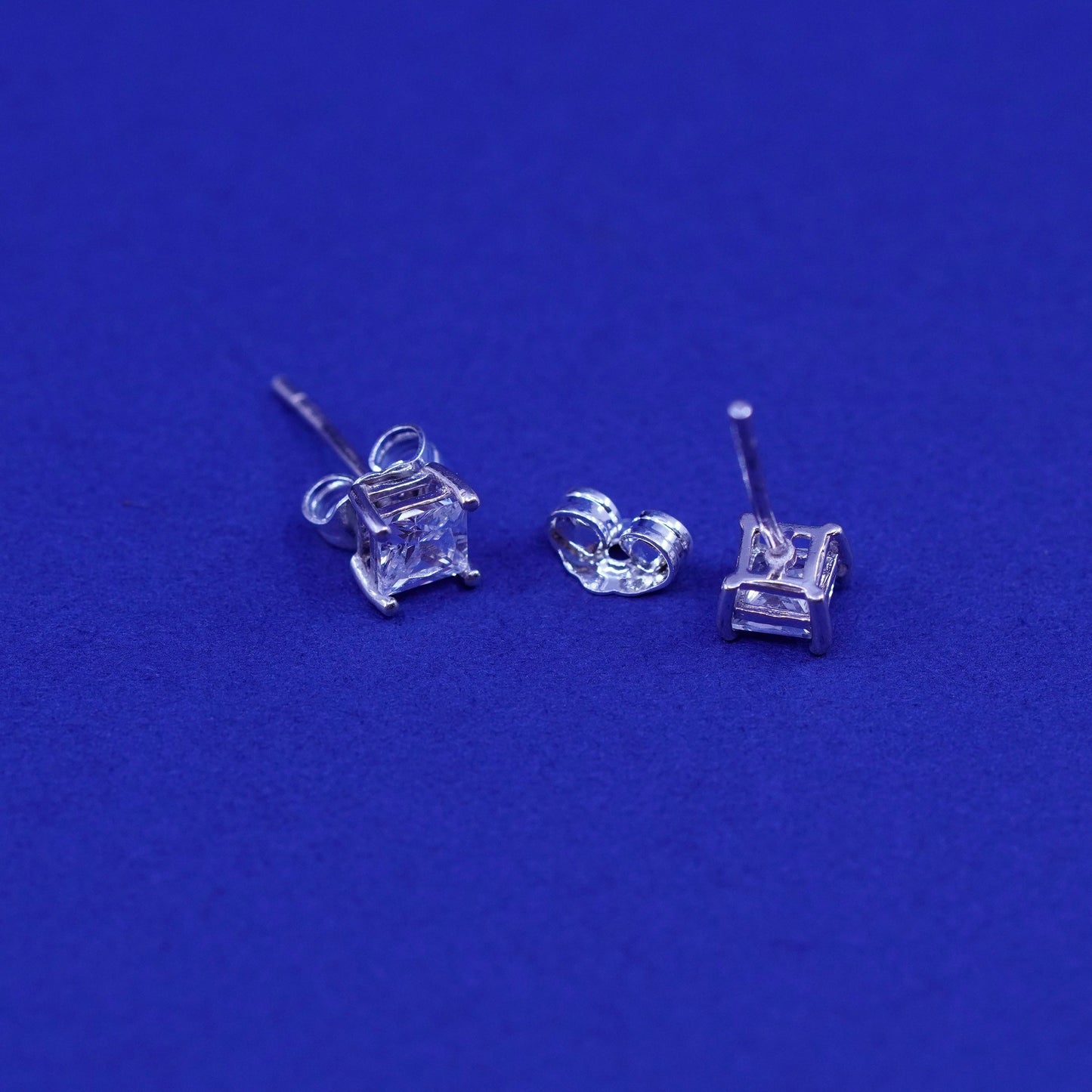 4mm, Vintage sterling silver handmade earrings, square 925 studs with CZ