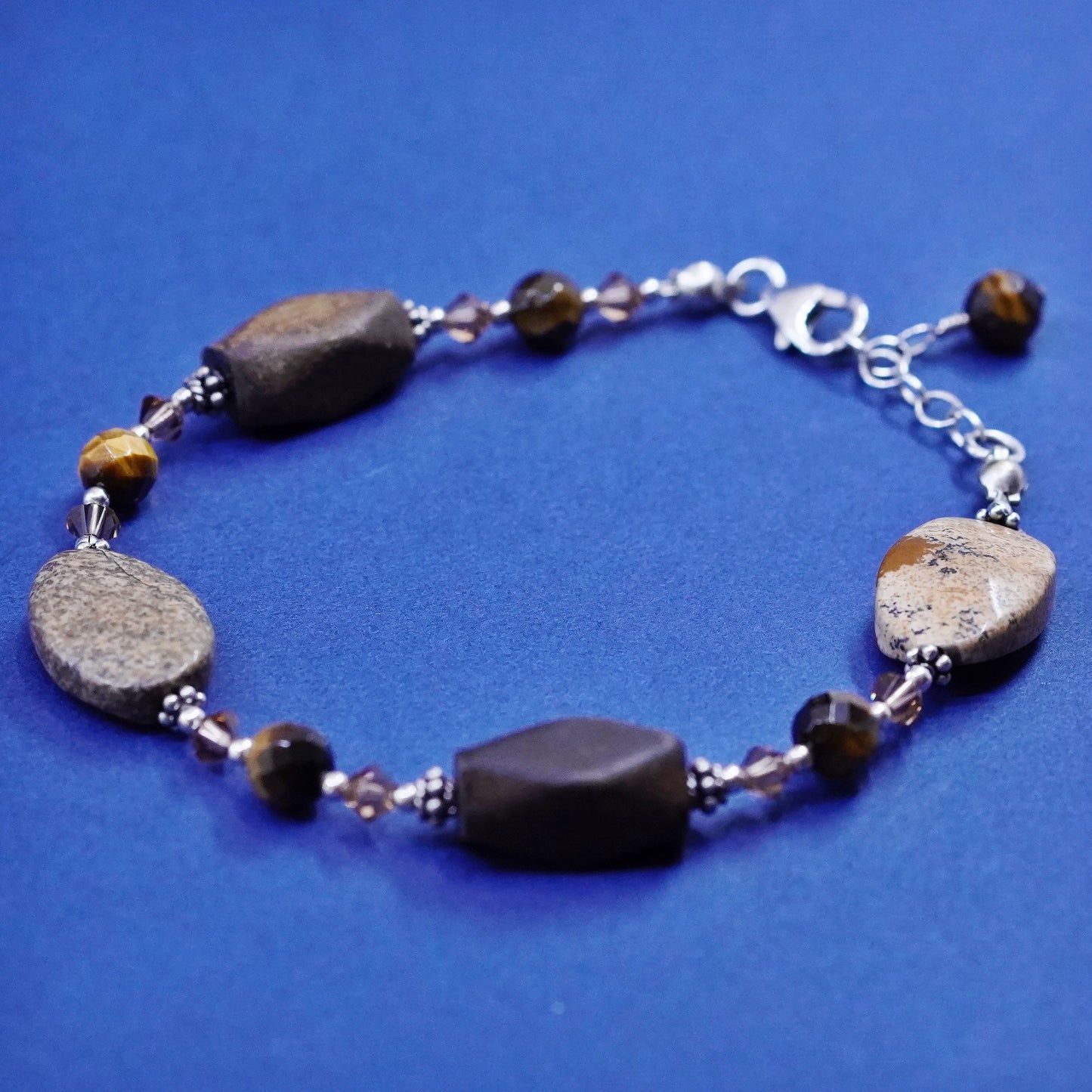 7.5+1”, Sterling 925 Silver tiger eye Wood jasper nugget handmade Bracelet