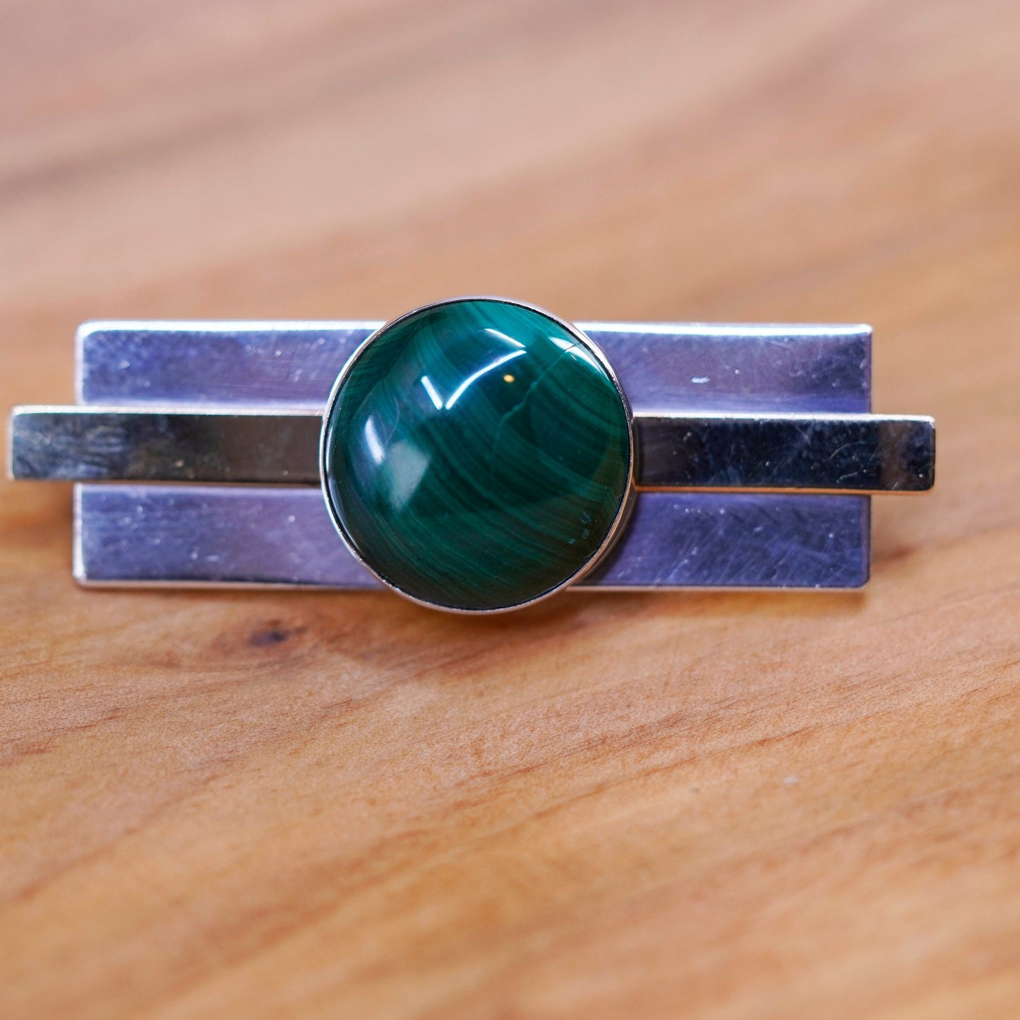 Vintage PJP two tone sterling silver handmade brooch, modern 925 pin malachite