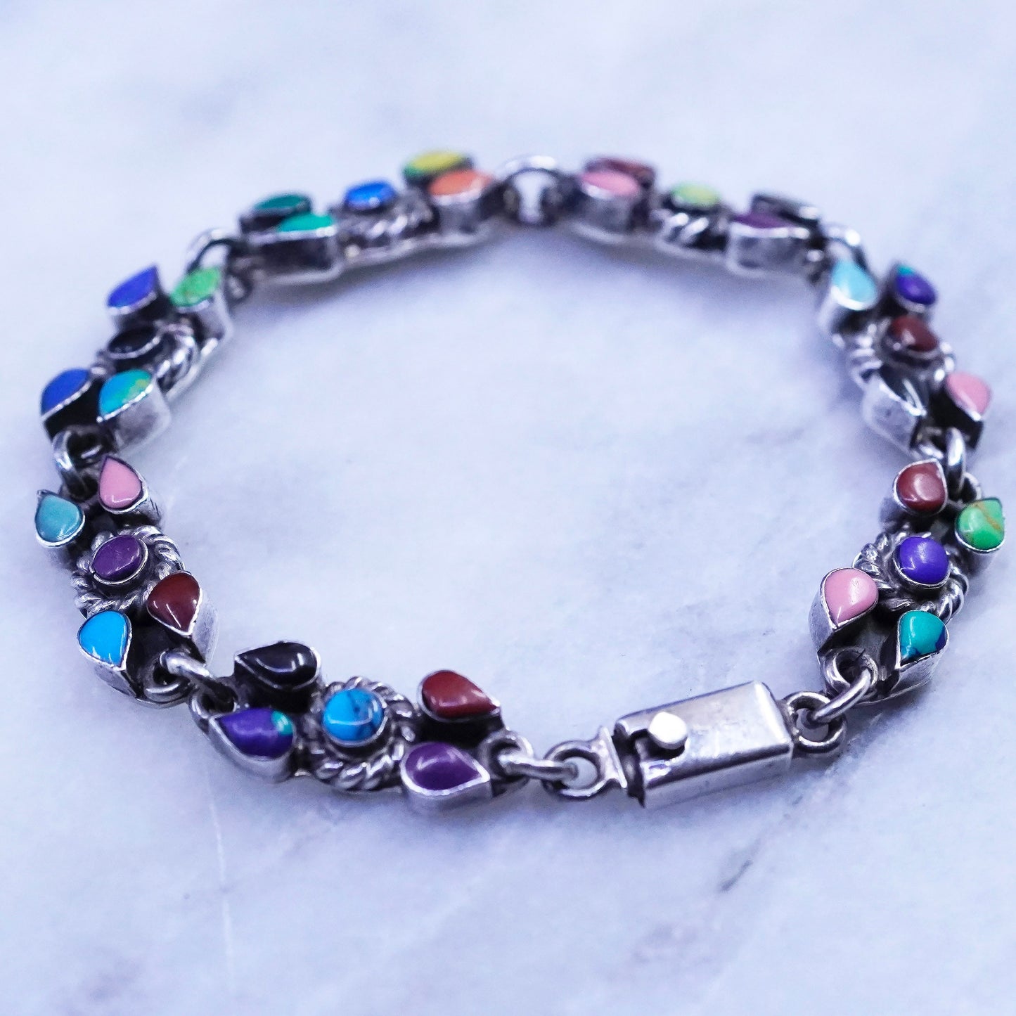 7.75”,vtg Mexico Sterling 925 silver bracelet turquoise malachite onyx lapis