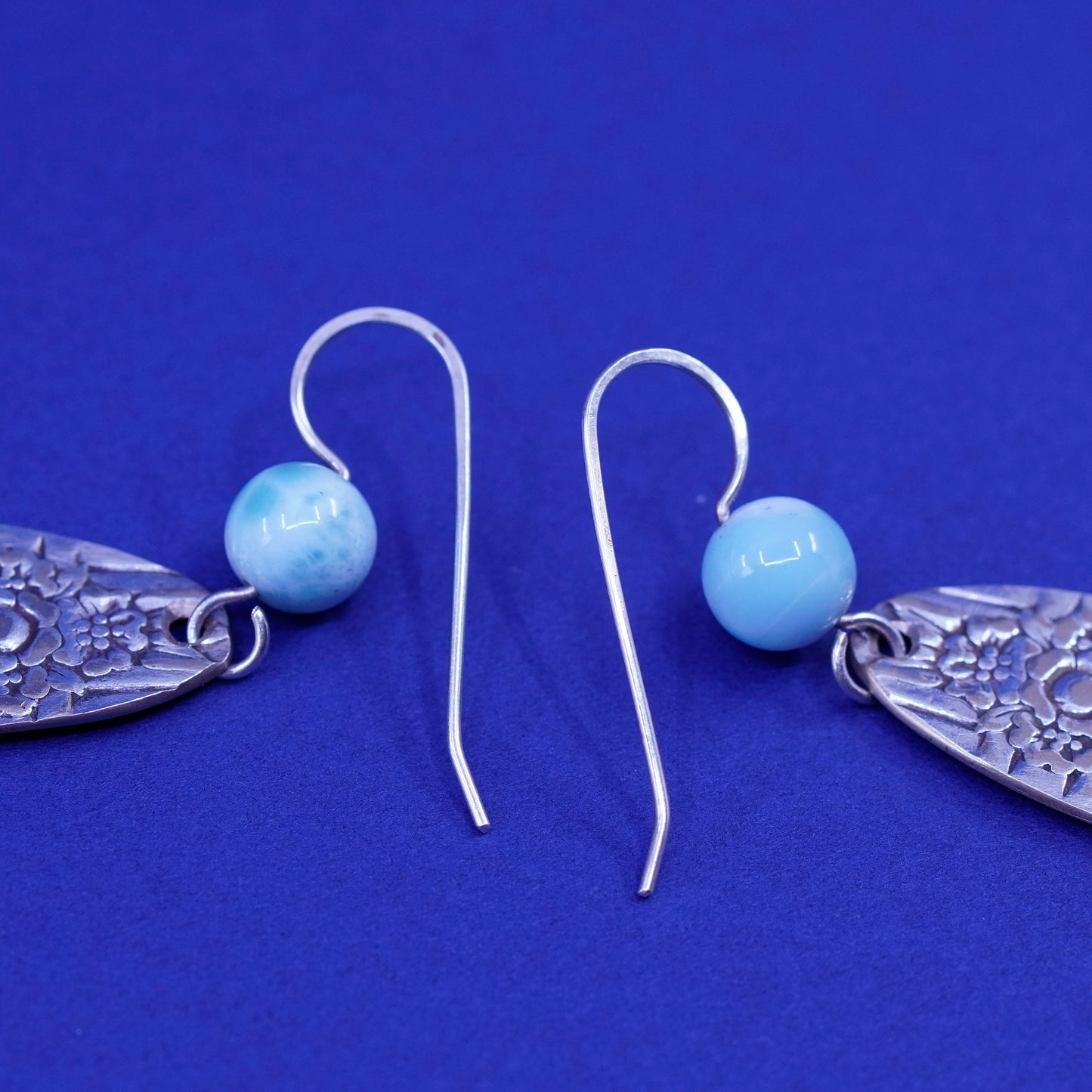 Vintage Sterling 925 silver handmade earrings with flatten spoon drops larimar