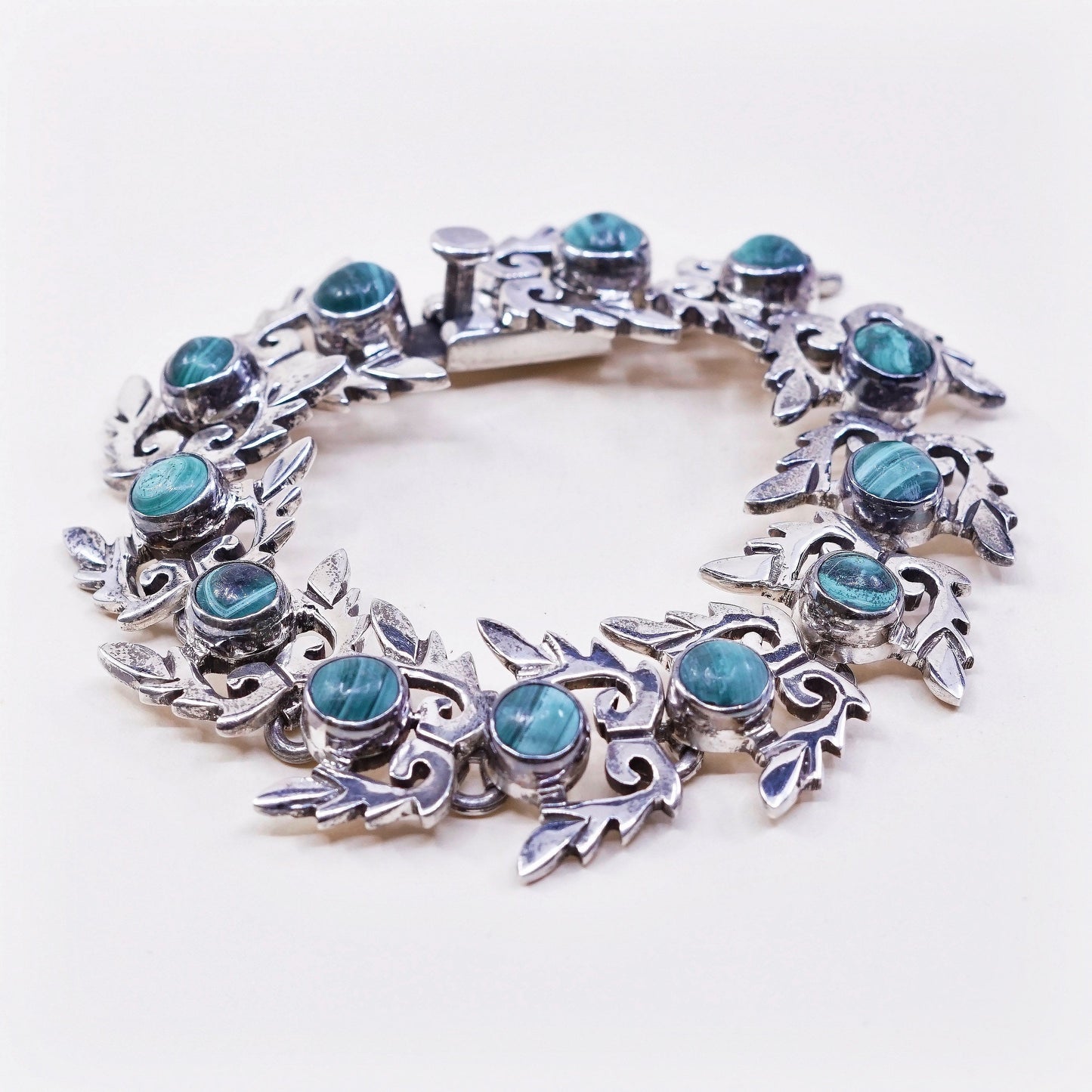7”, VTG Sterling silver handmade bracelet, Mexico 950 w/ green malachite
