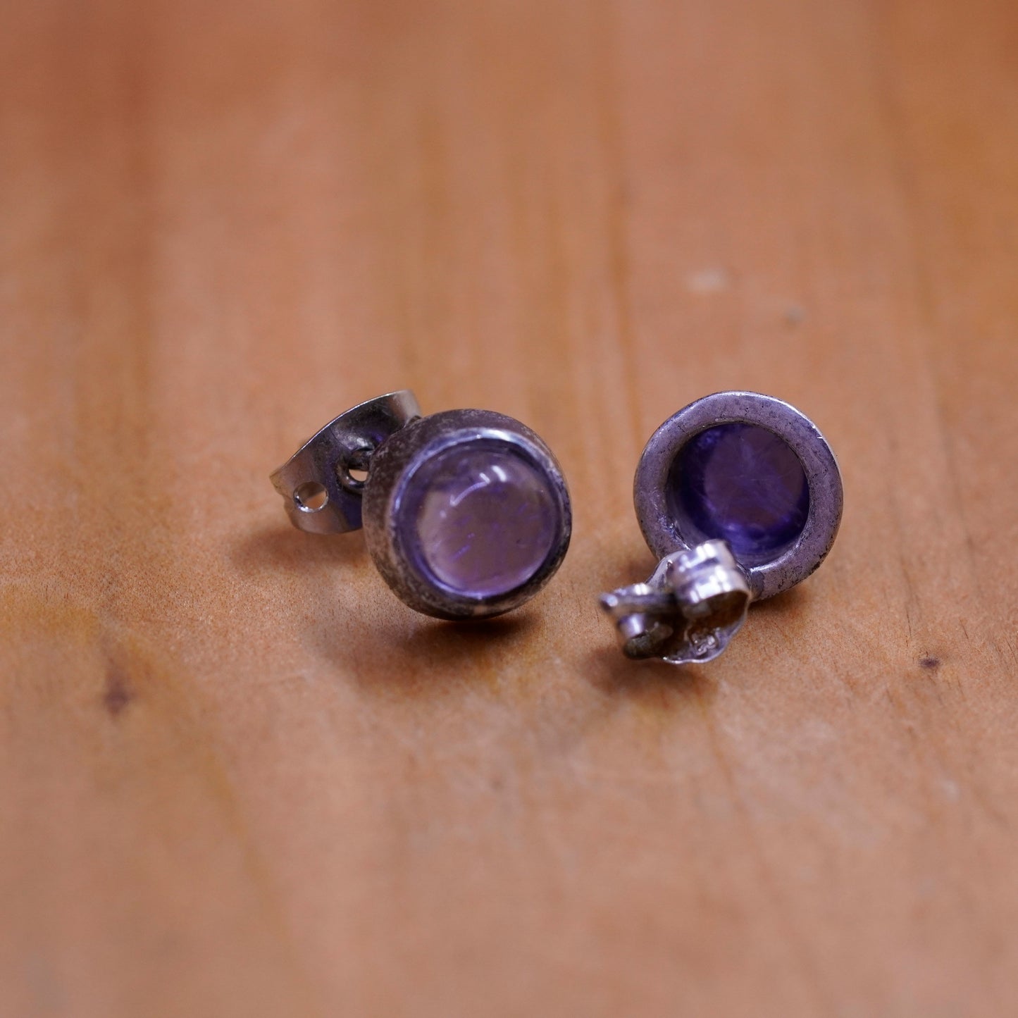 Vintage Sterling silver handmade earrings, 925 amethyst round studs