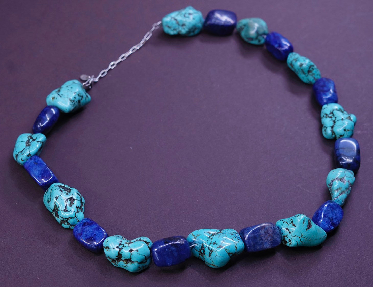 20+2”, Sterling 925 silver handmade necklace w/ nugget turquoise sodalite beads