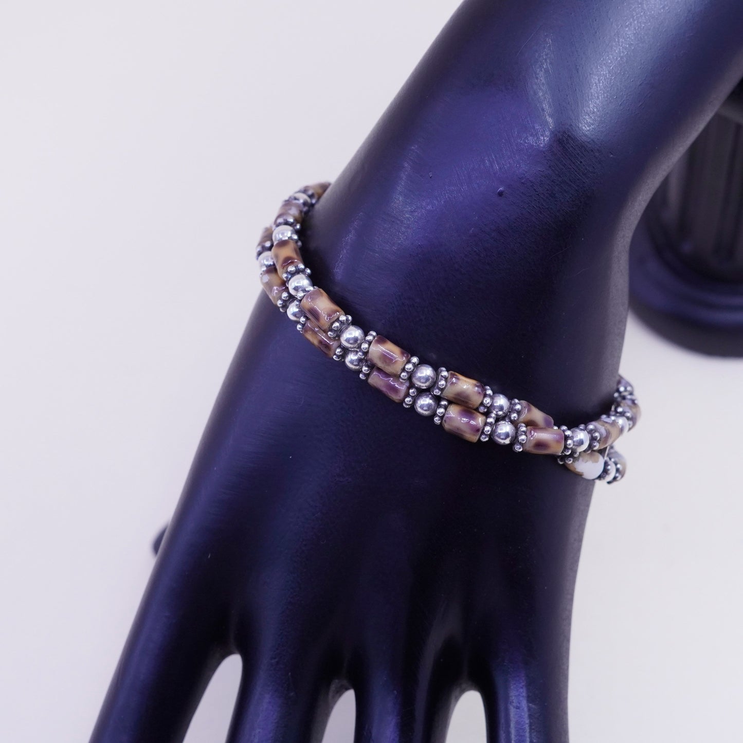 6.75”, vintage double strands sterling silver handmade bracelet with beads
