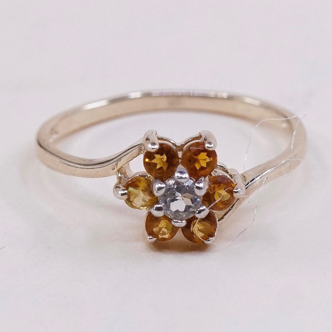 sz 7, Vermeil gold sterling silver citrine ring, 925 flower engagement ring