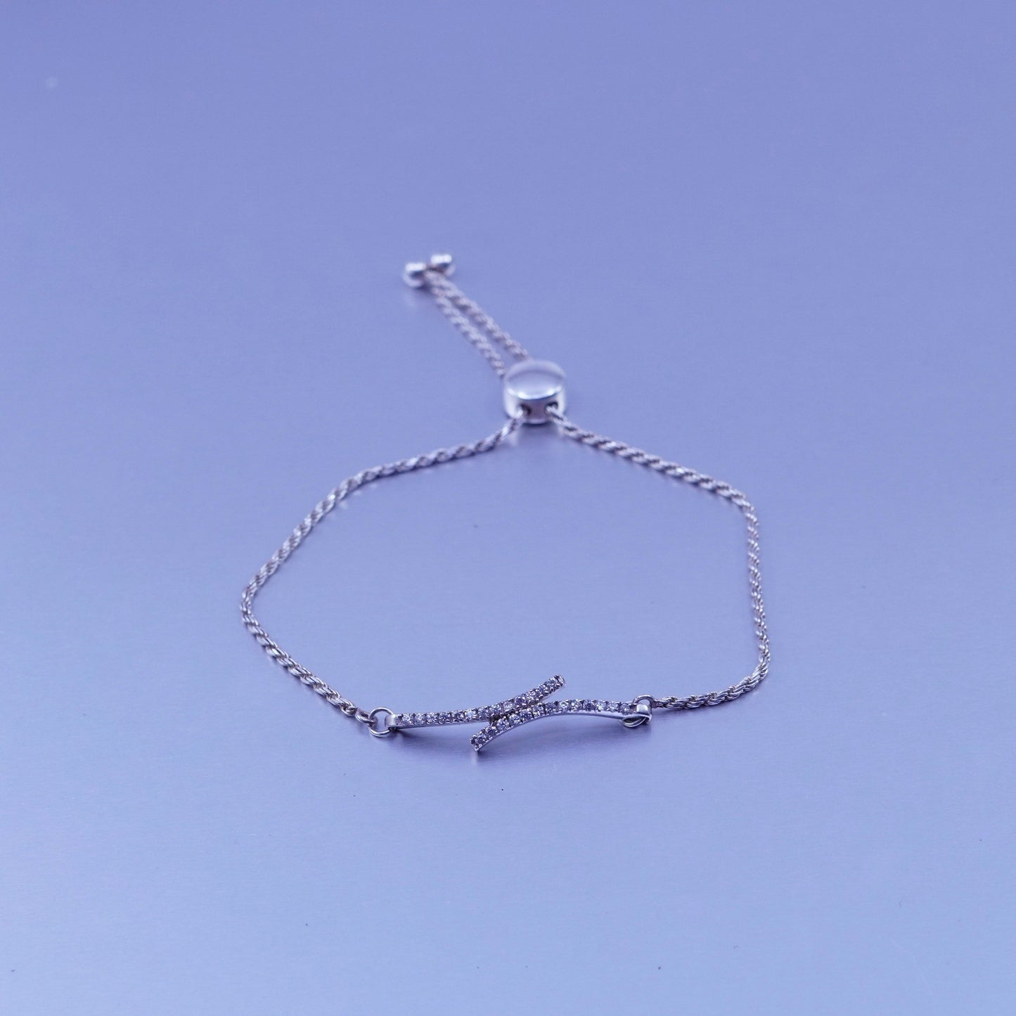 Size adjustable. Jewelry Sterling 925 silver bracelet rope chain cluster cz bar