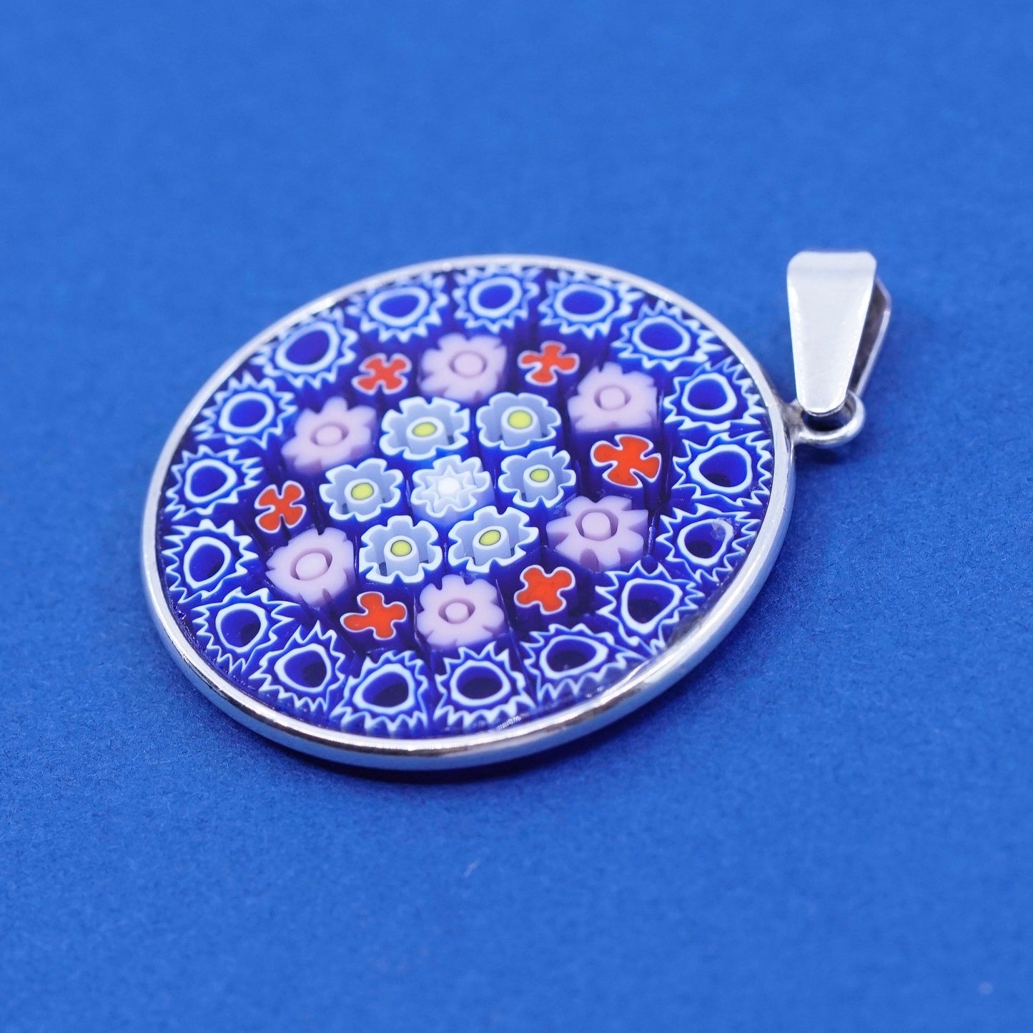 vtg handmade sterling silver tag pendant, 925 w/ multiciori murano glass