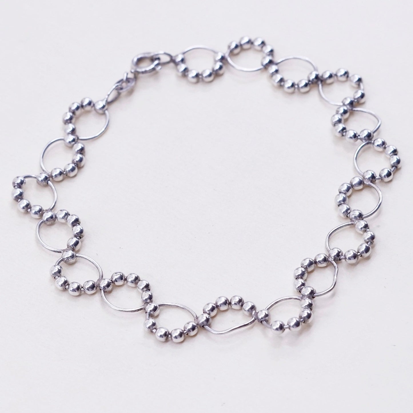 7.25”, vintage sterling silver handmade bracelet, 925 circle with wavy beads