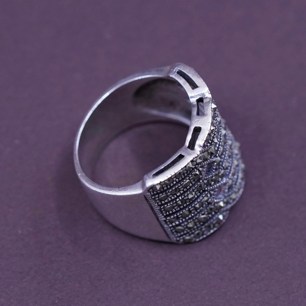 sz 7, vtg Art Deco Sterling silver handmade ring, wide 925 band with marcasite