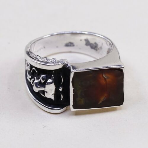 Sz 8.5, Vtg Statement Ring in Sterling Silver W/ Abalone N Leopard Face