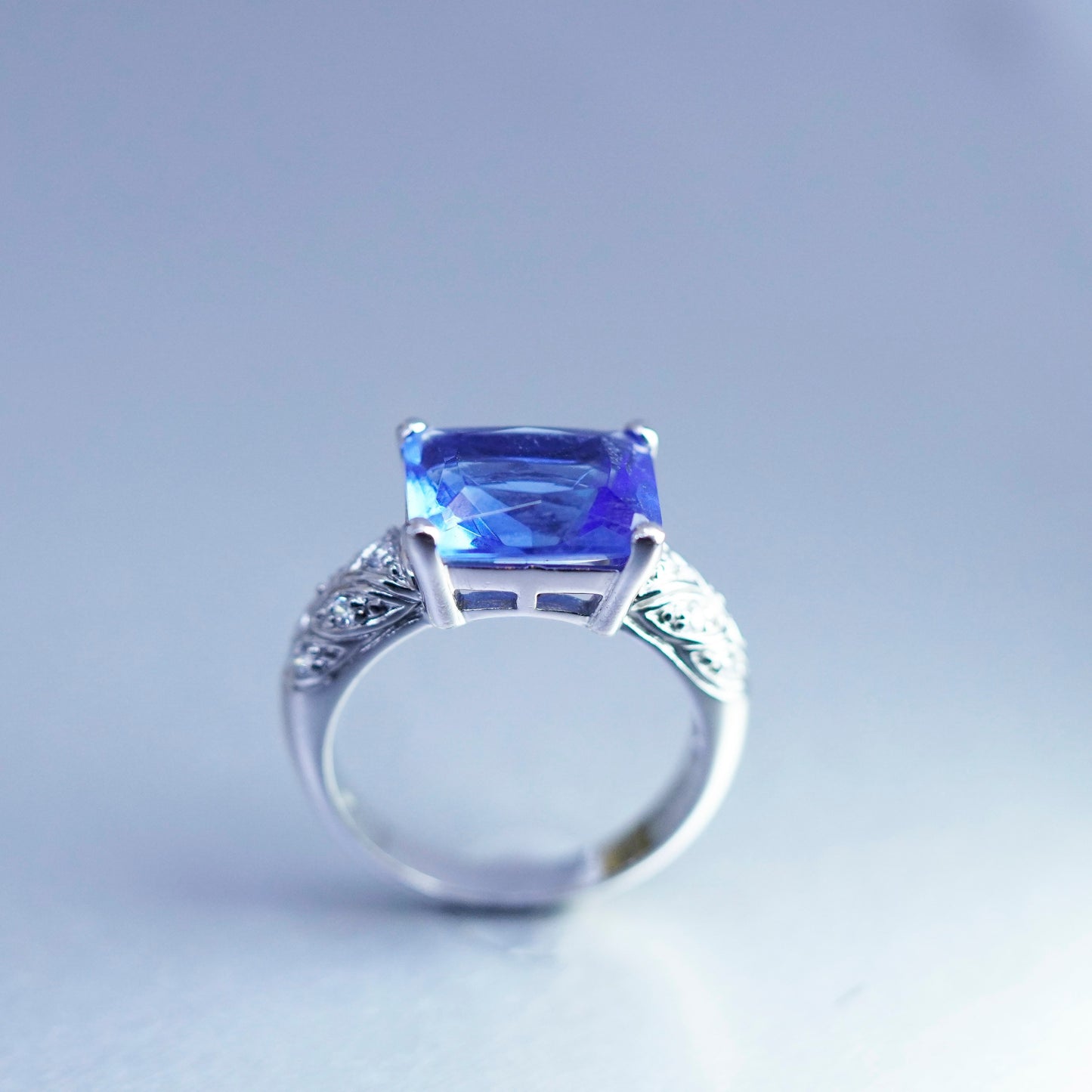 Size 8, vintage Sterling 925 silver handmade ring with blue Cz