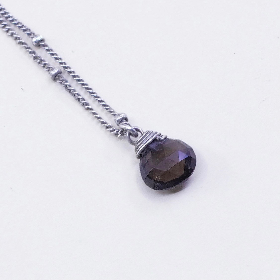 16”, vtg sterling silver necklace, teardrop crystal pendant bead circle chain