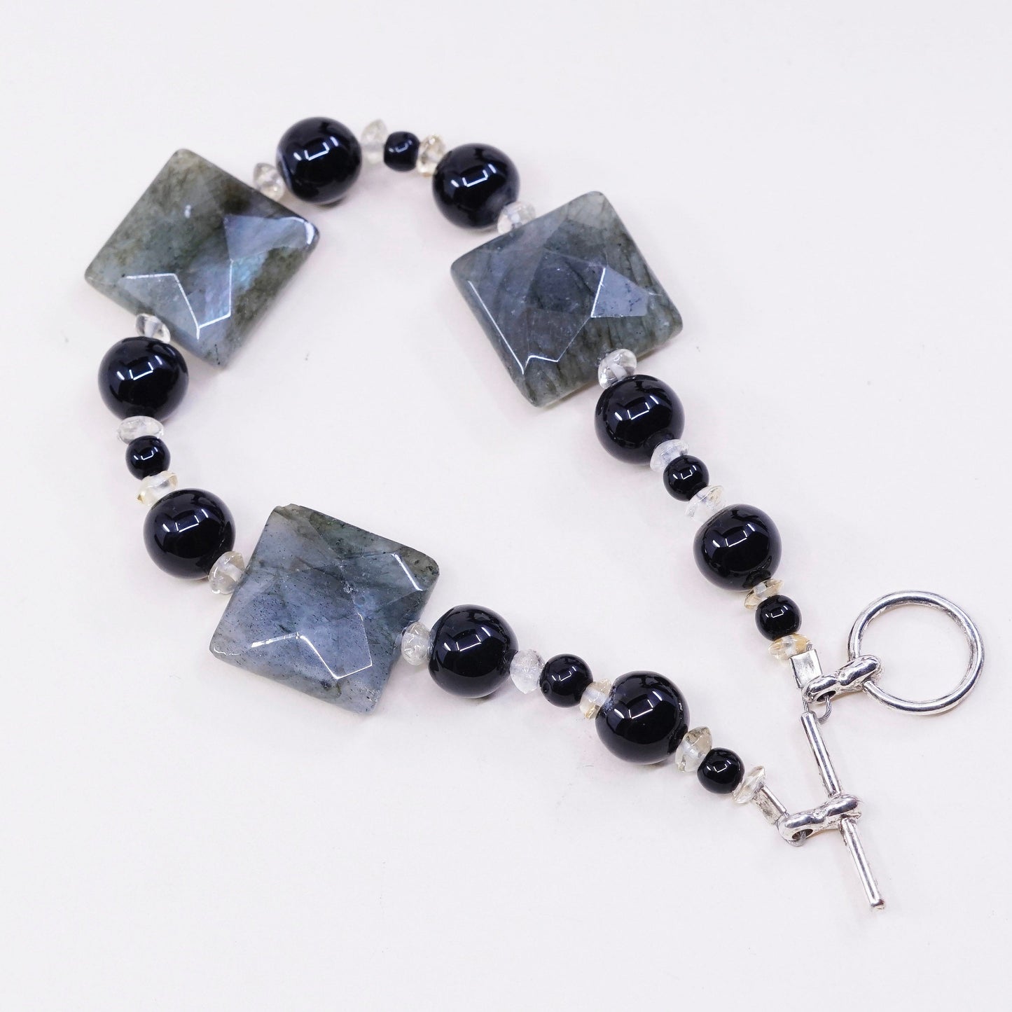 7”, Vintage handmade bracelet with square labradorite and obsidian