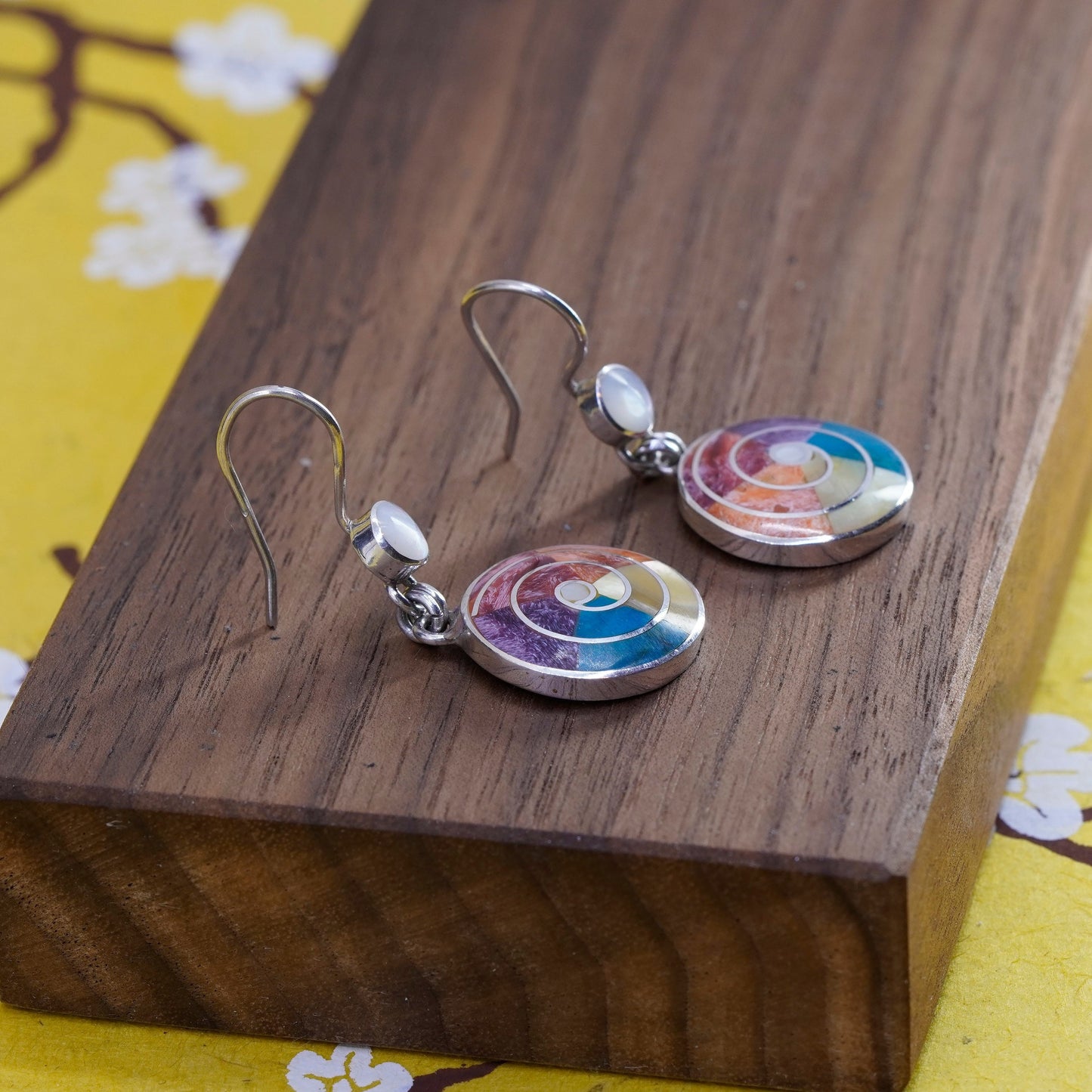 Sterling 950 silver earrings, Peruvian Inca silver turquoise, mother of pearl