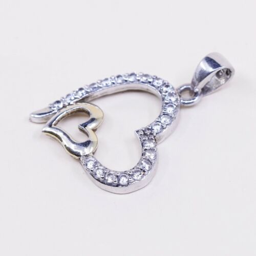 Vintage Thailand Sterling 925 Silver Double Heart Pendant W/ Cz Around