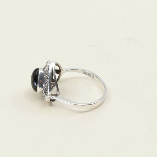 Sz 7.25, Sterling Silver handmade Ring, 925 Silver W/ Obsidian Heart n marcasite