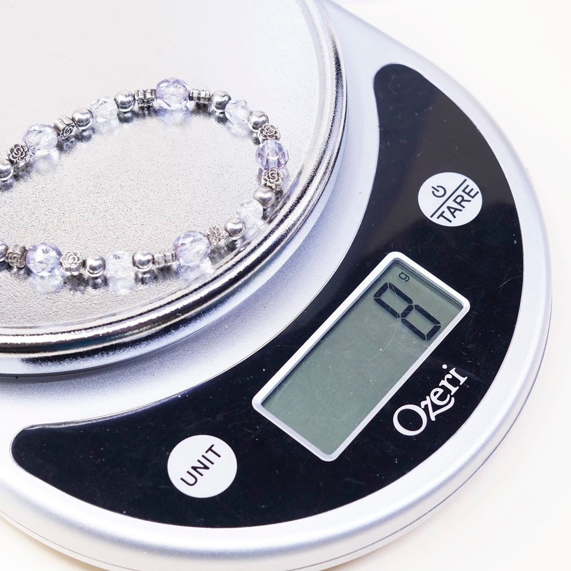 7.25”, VTG sterling silver handmade bracelet, 925 beads w/ crystal beads