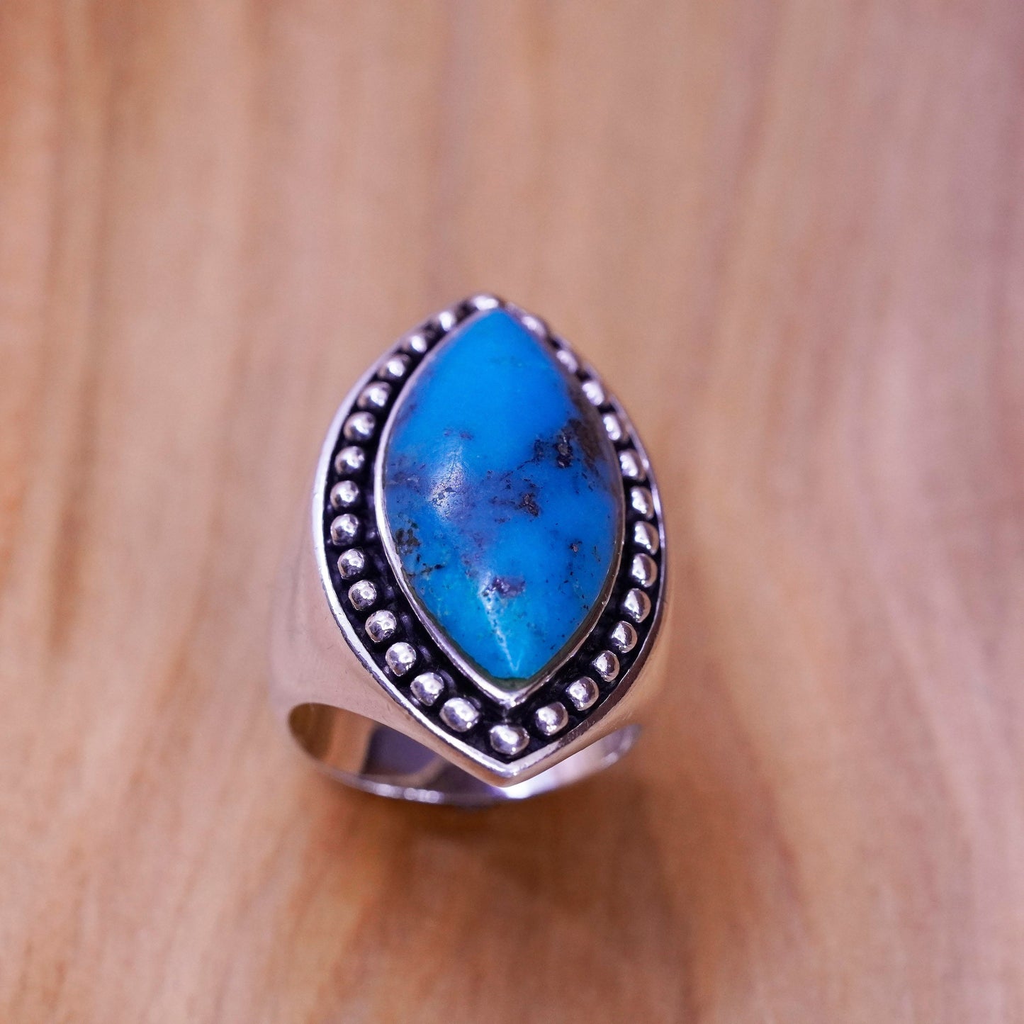 Size 9, vintage Sterling 925 silver handmade ring with marquise turquoise beads