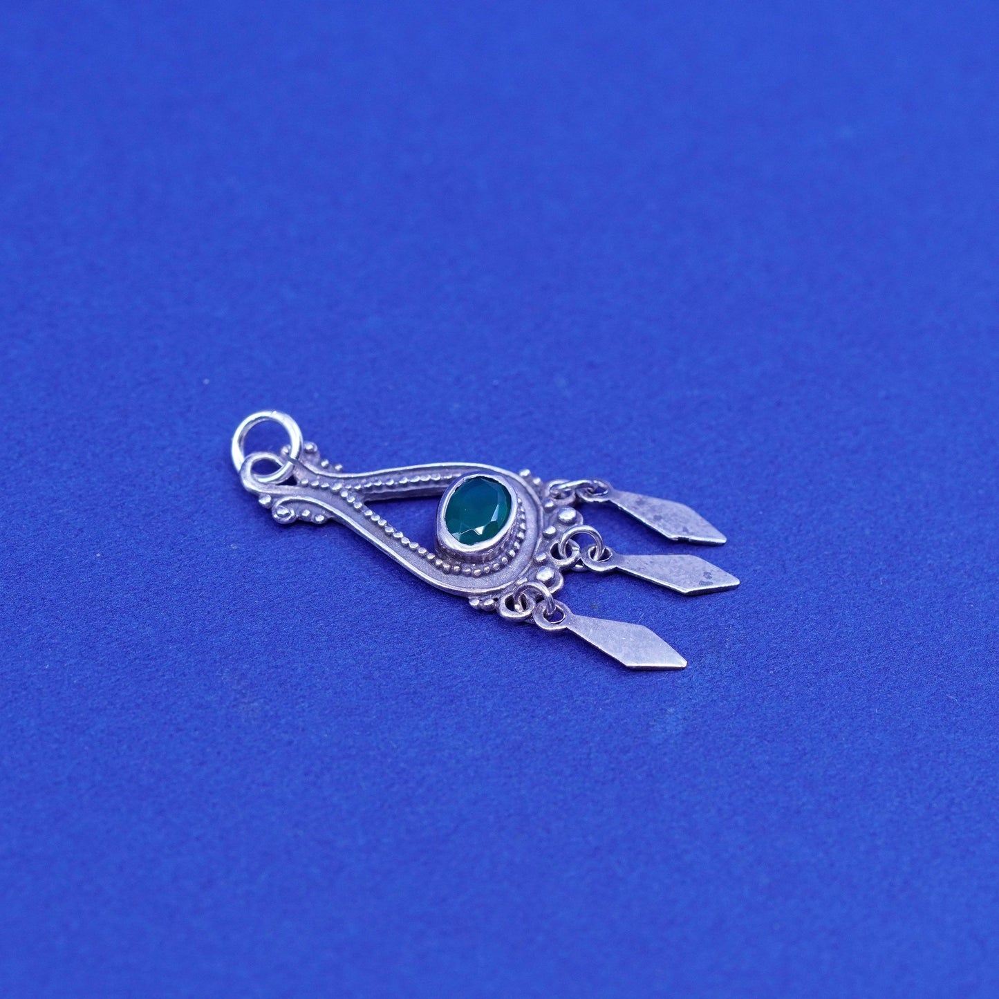 Vintage Sterling 925 silver handmade pendant with emerald and fringe