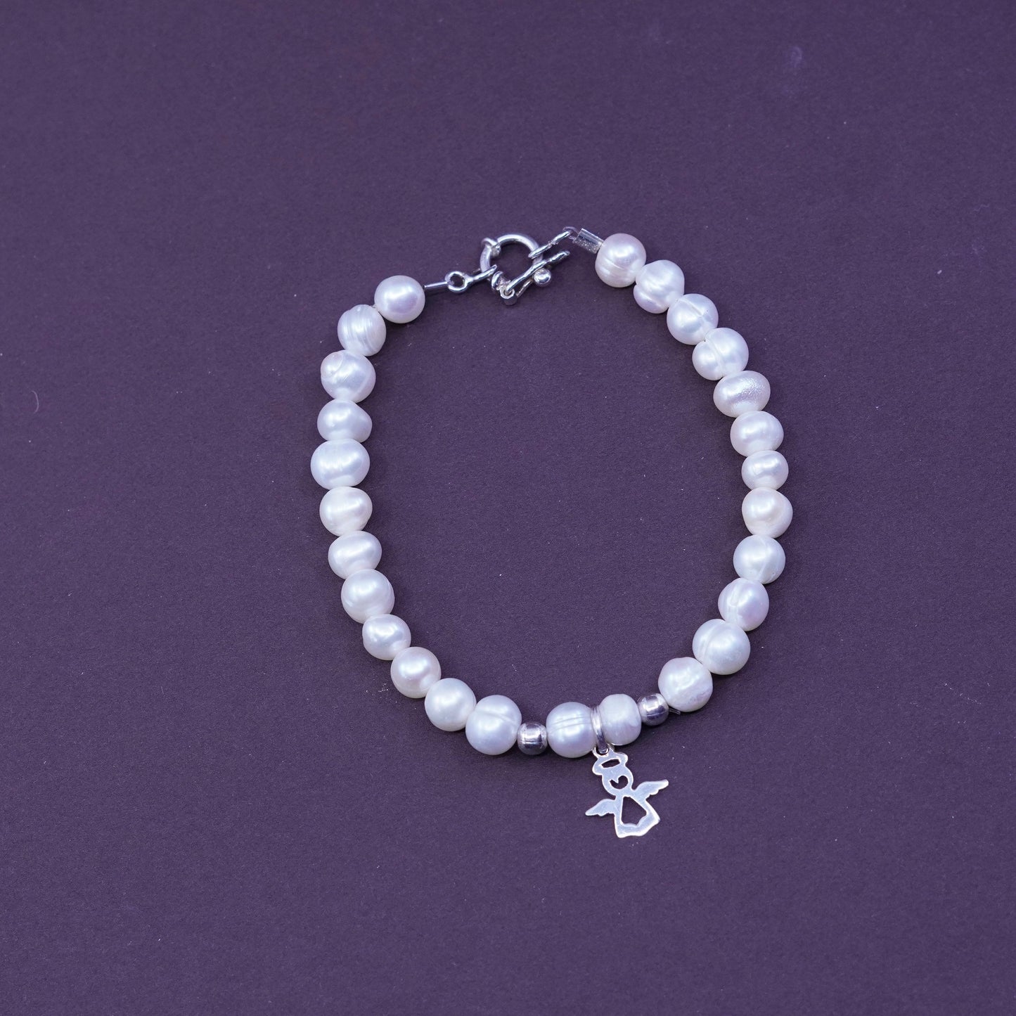 7”, Sterling 925 silver handmade bracelet, pearl beads chain with Angel charm