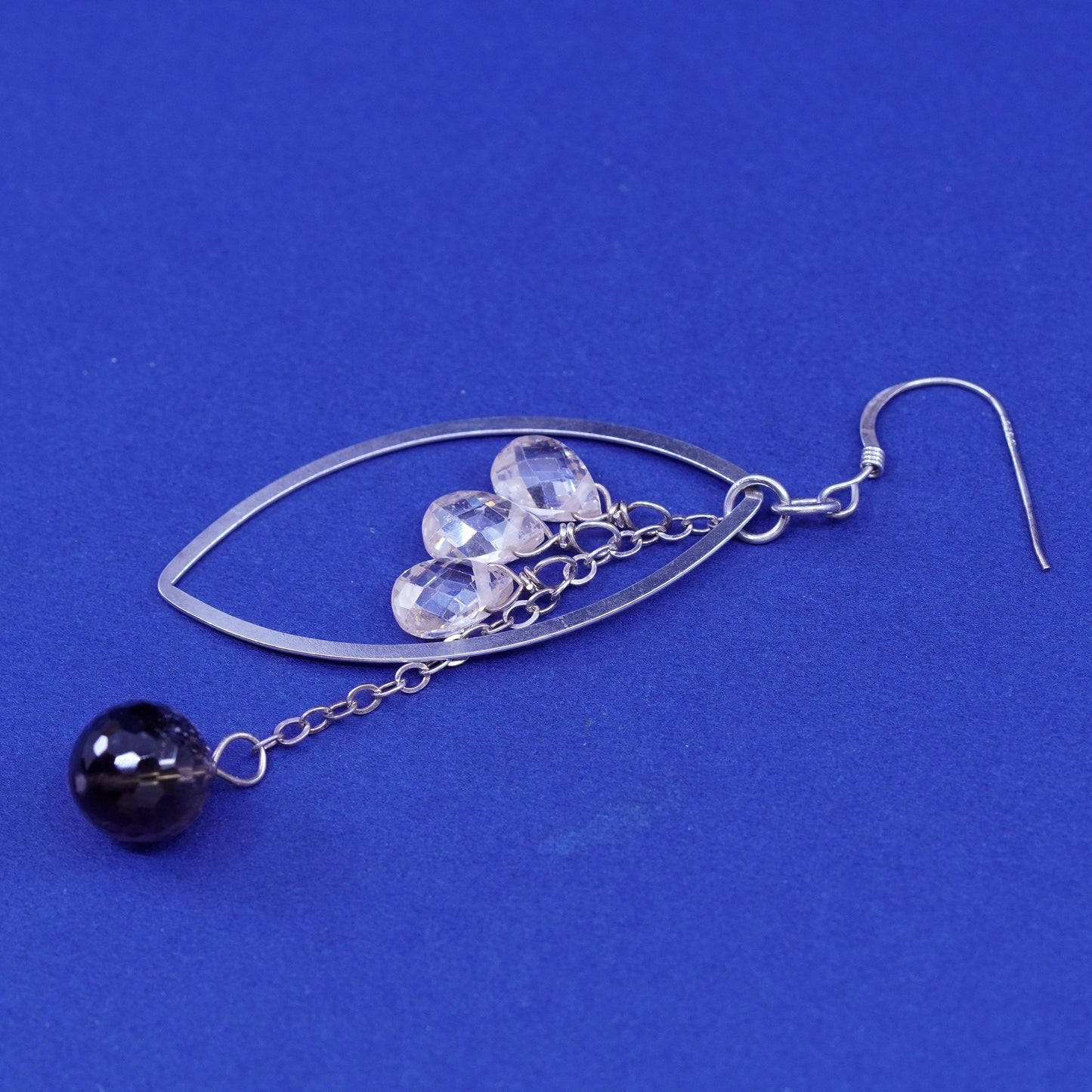 Vintage Sterling Silver long Earrings. 925 long Marquise shaped dangle crystal