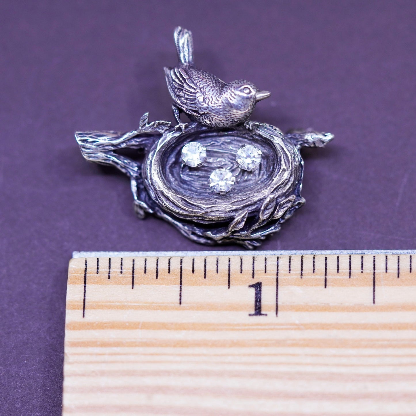Vintage Anson handmade sterling 925 silver bird nest brooch pin with cz