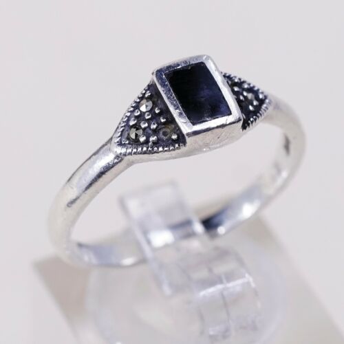 Sz 7.75, Vtg Sterling Silver Handmade Ring, 925 Silver Band W obsidian inlay