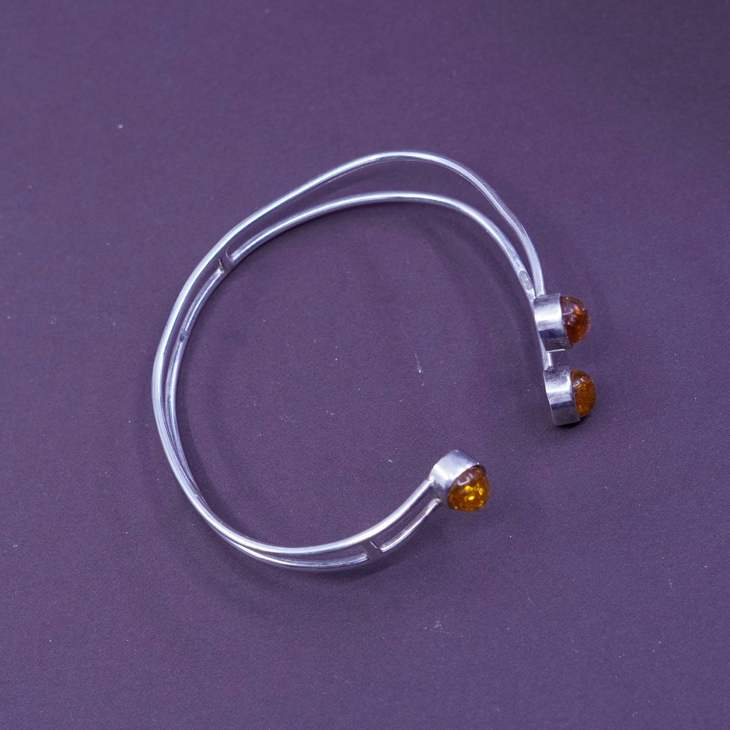 8.5”, Sterling silver handmade bracelet, southwestern Modern 925 cuff w/ Amber
